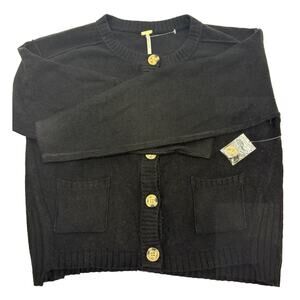 NWOT! Free People Black Wool Blend Tortoiseshell Button Pocket Cardigan Sz M